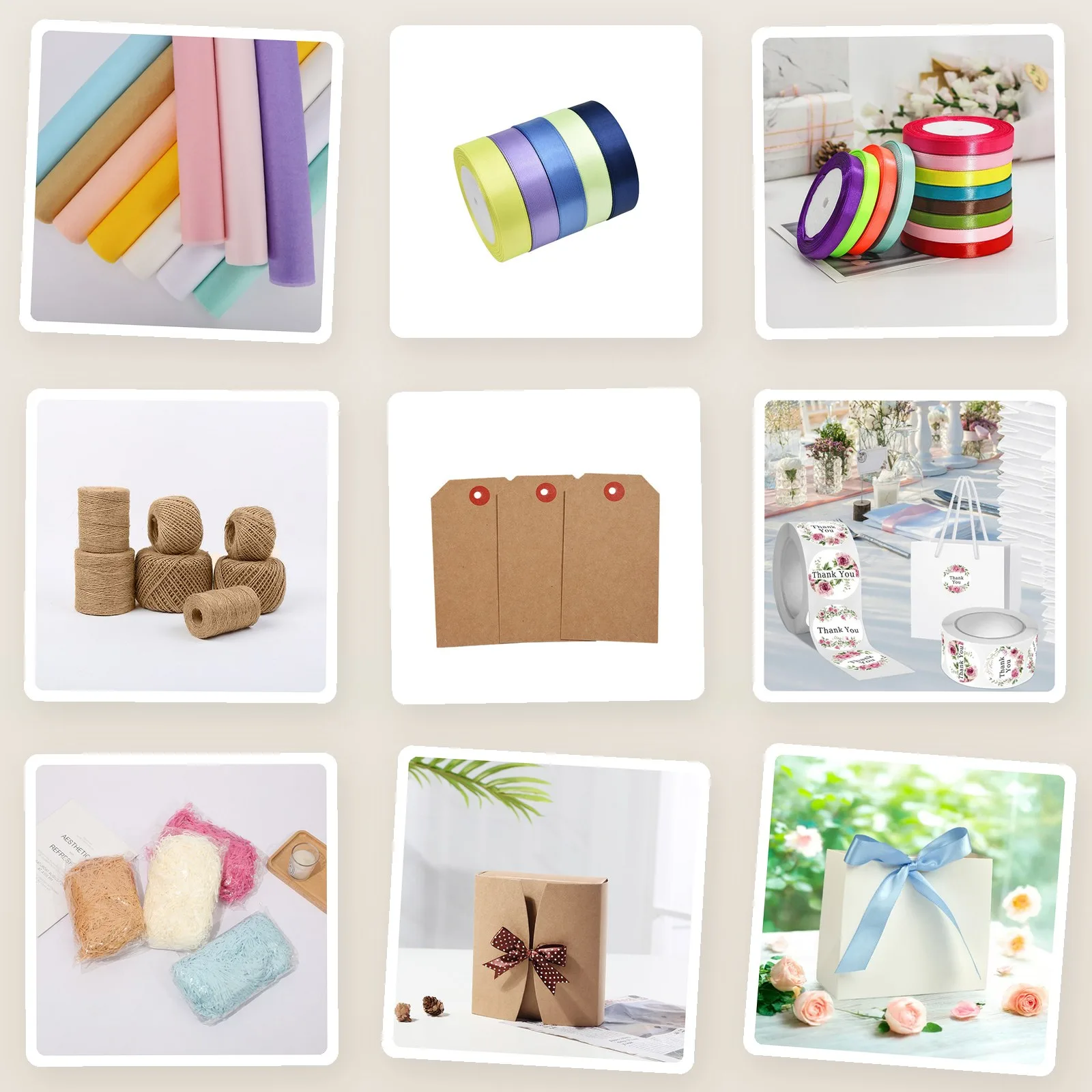 Gift-wrap kit pieces: tissue paper, satin ribbons, jute twine, kraft tags, stickers, paper shred, boxes and bags