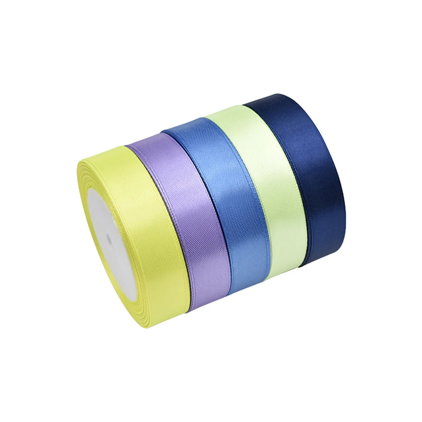 Five rolls of 3/4 inch satin ribbon in yellow, lilac, blue, mint and navy