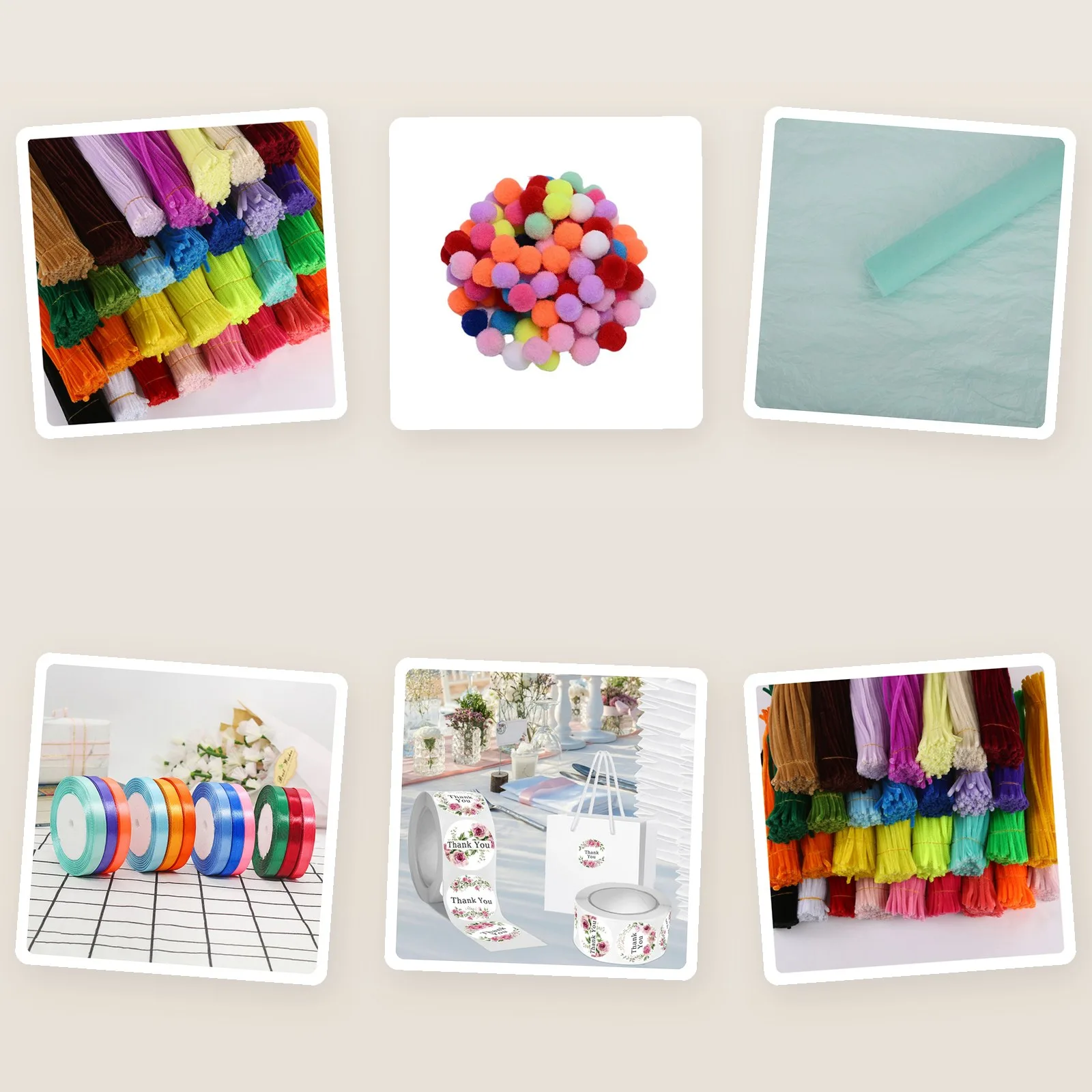 Craft night kit pieces: pastel pipe cleaners, mini pom poms, tissue paper, satin ribbon and floral stickers