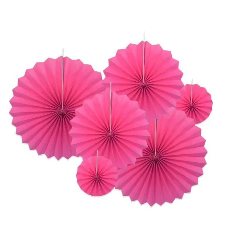 Six hot pink paper fans in assorted sizes