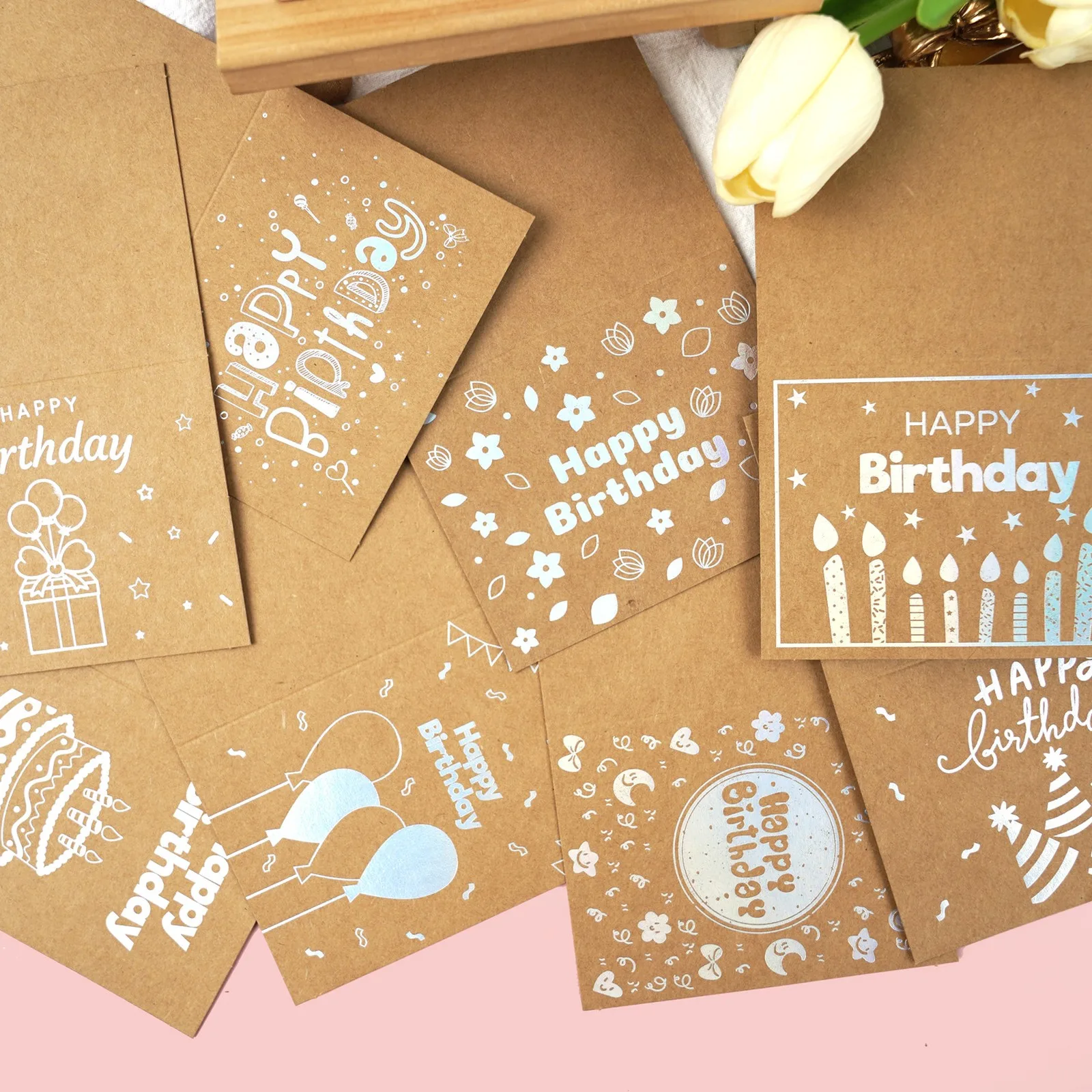 Kraft Happy Birthday cards with holographic silver foil designs