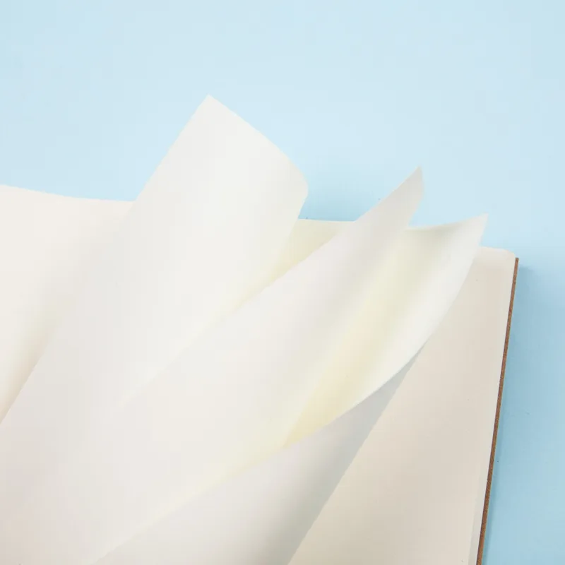 Blank cream pages of the pocket notebook fanned open