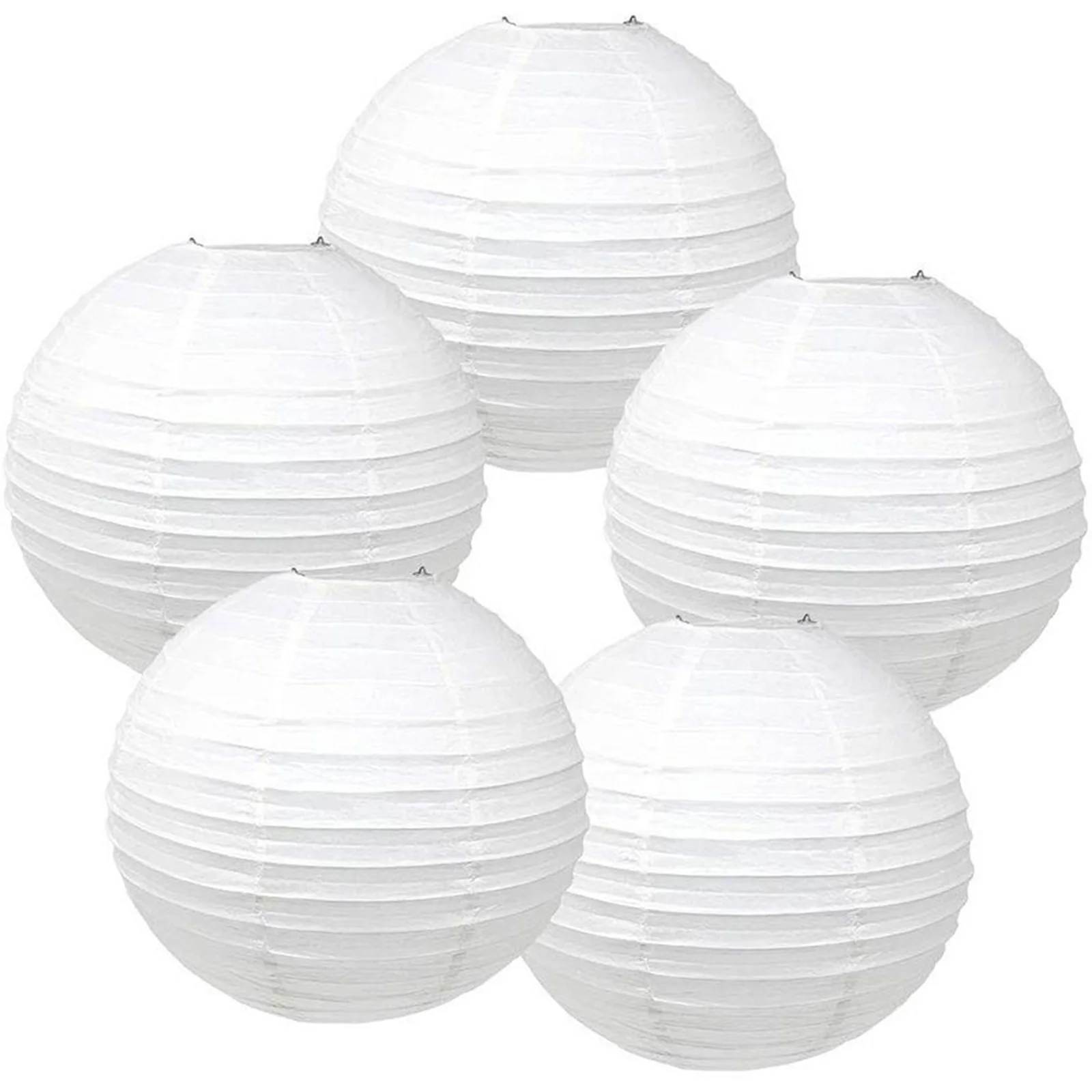 Five white round paper lanterns grouped together