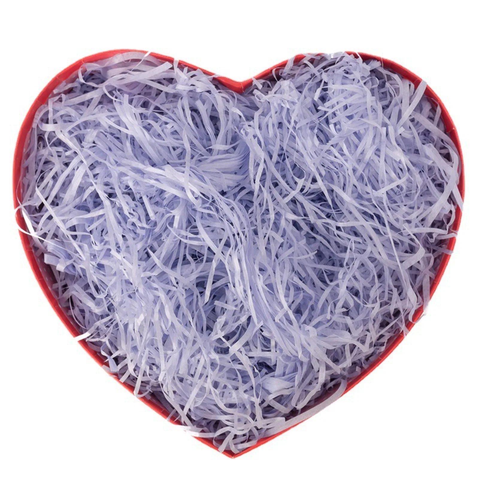 Lilac crinkle paper shred filling a heart-shaped box