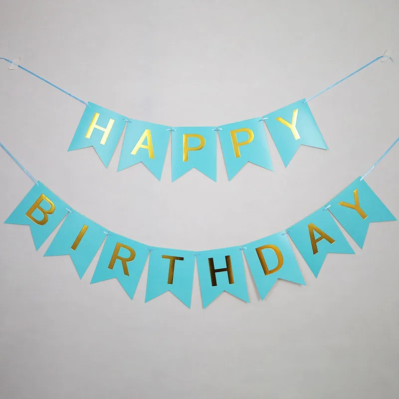 Light blue Happy Birthday banner with gold foil letters