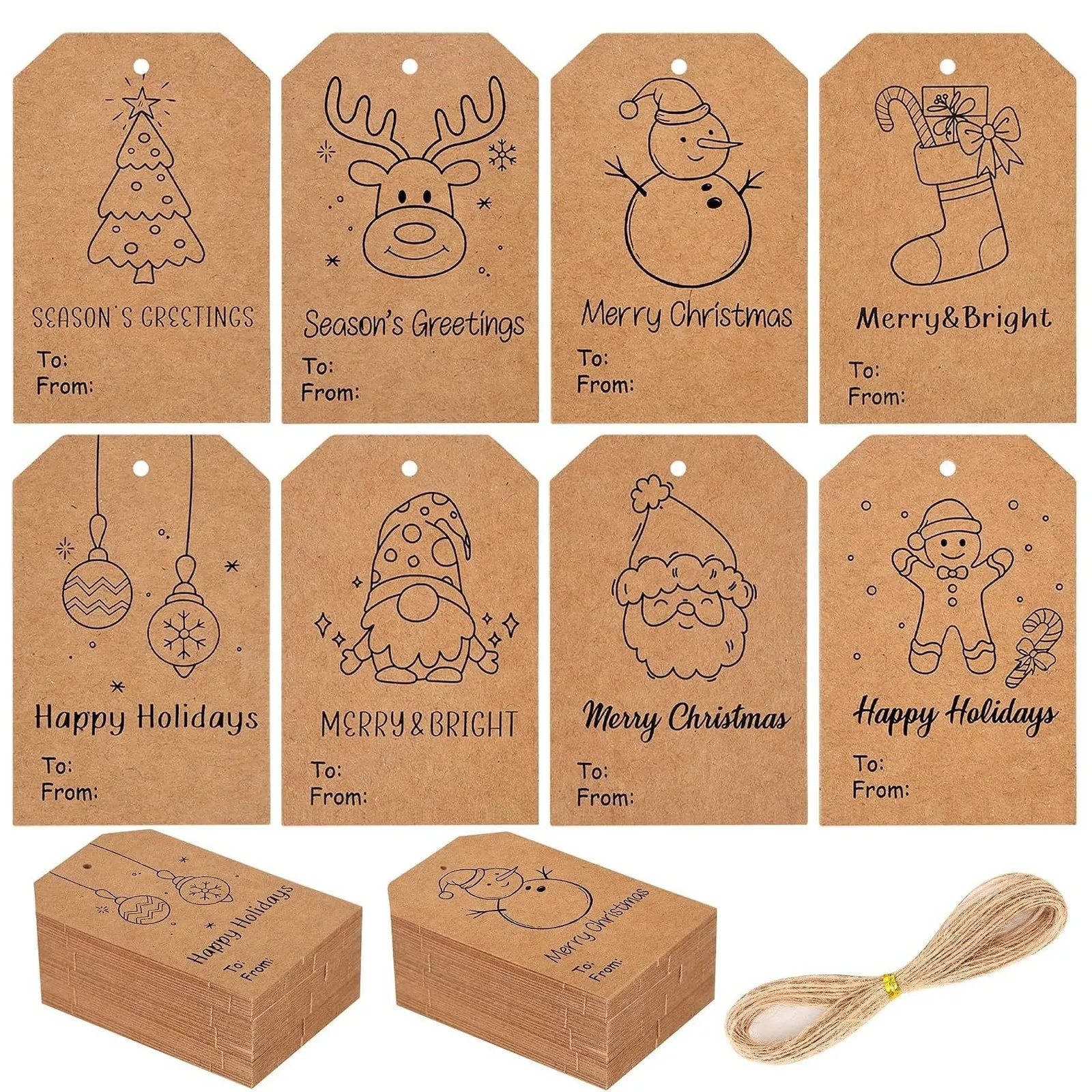 Eight kraft Christmas gift tag designs with a bundle of jute twine