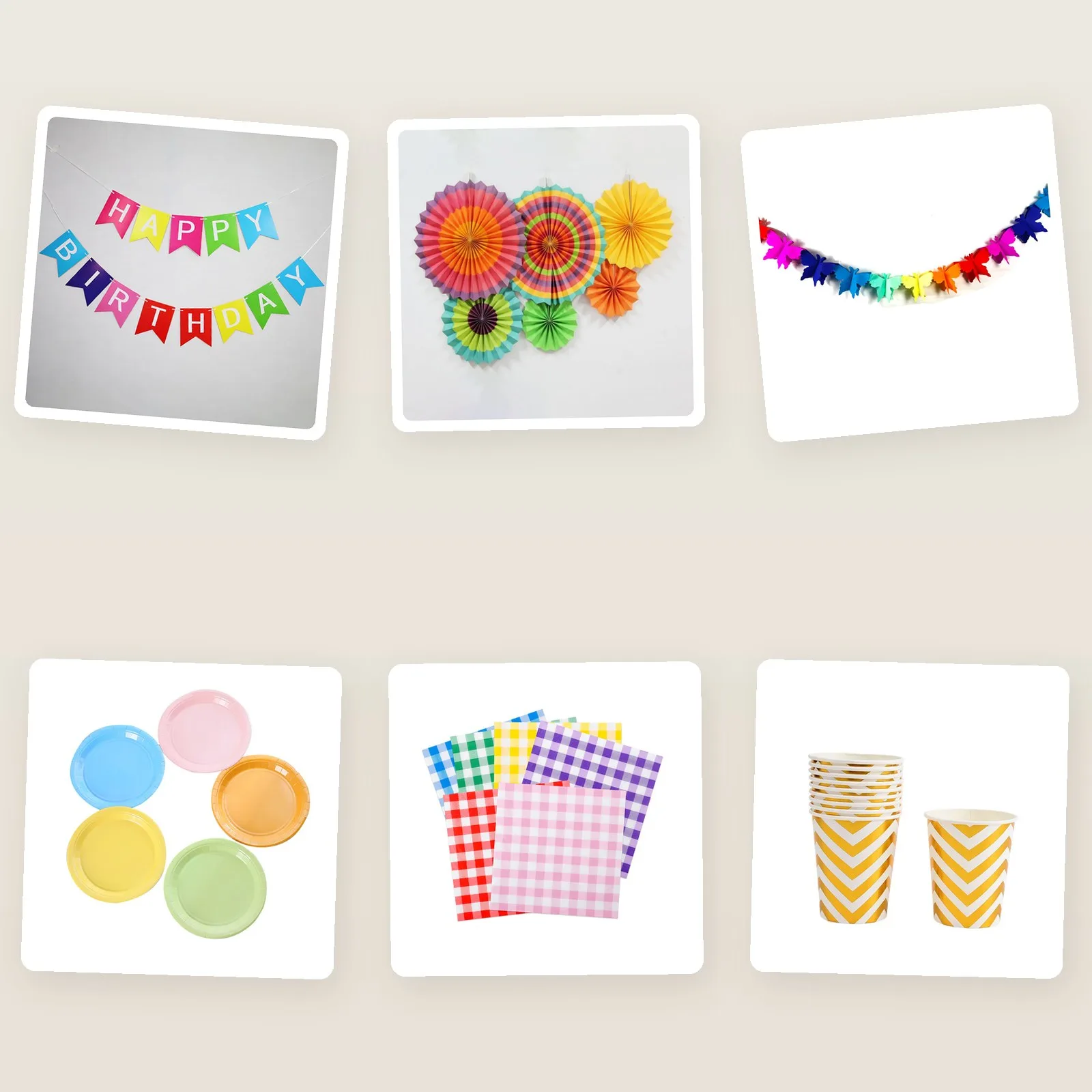 Rainbow birthday kit pieces: banner, paper fans, butterfly garland, pastel plates, gingham napkins, chevron cups