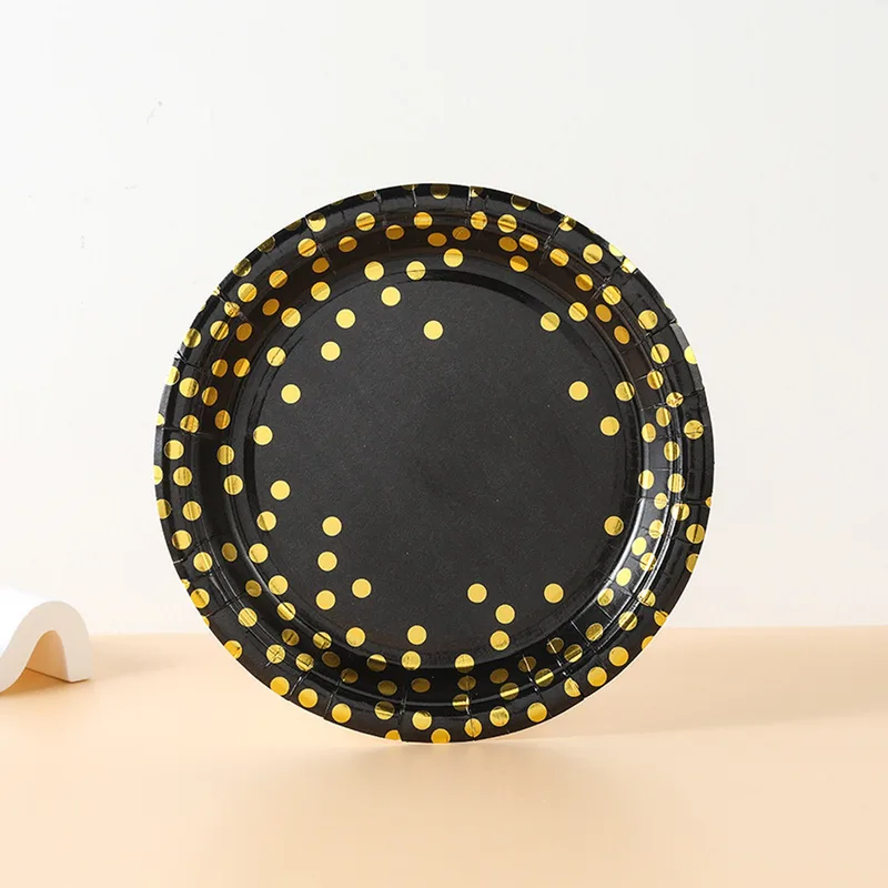 Black paper plate with gold foil dots