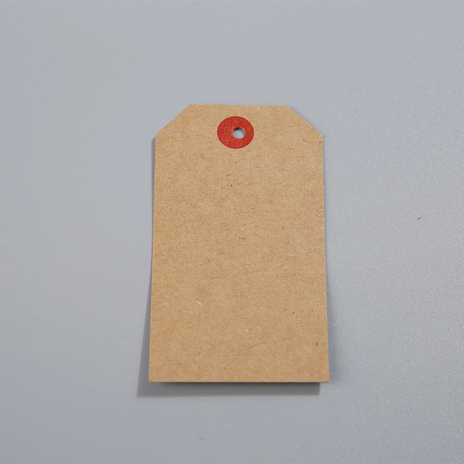 Blank kraft tag with red eyelet on a gray background