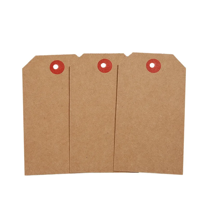 Three blank kraft tags with red eyelets