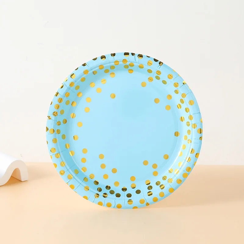 Light blue paper plate with gold foil dots