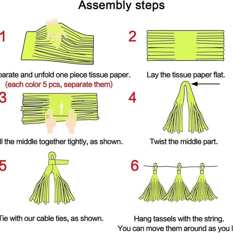 Six-step picture guide for making tissue paper tassels
