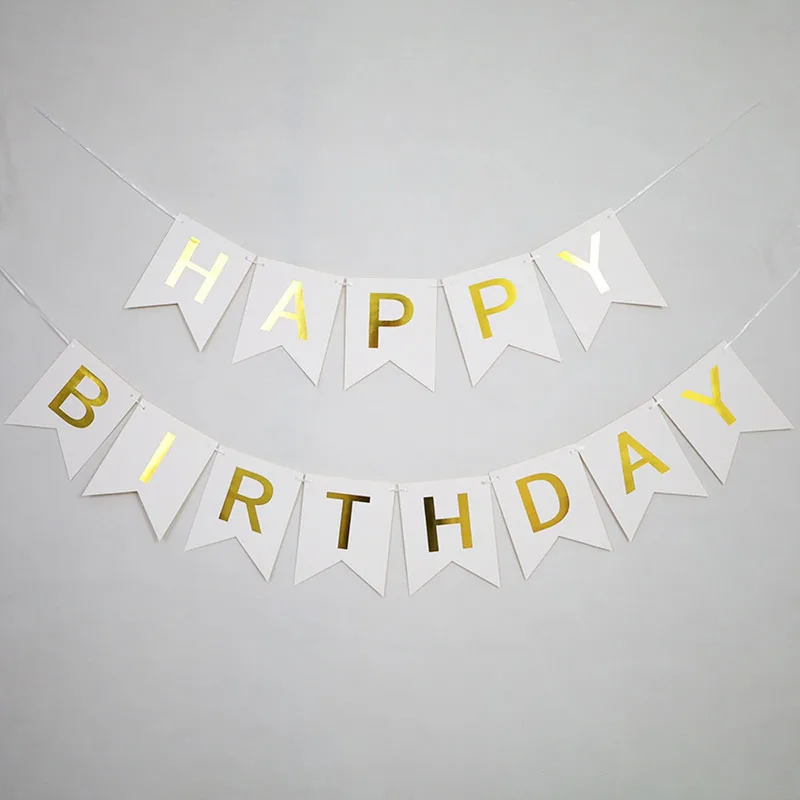 White Happy Birthday banner with gold foil letters