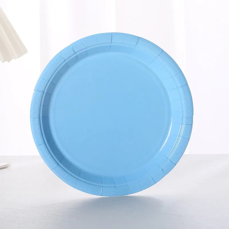Blue 7 inch paper plate standing upright