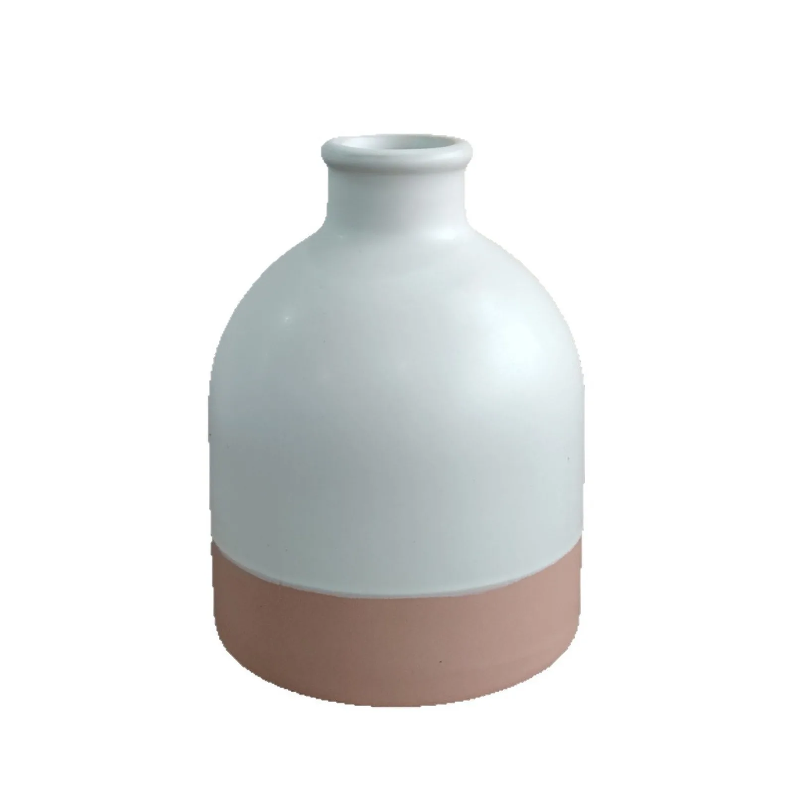 Two-tone ceramic bud vase, white top and pink base, on white