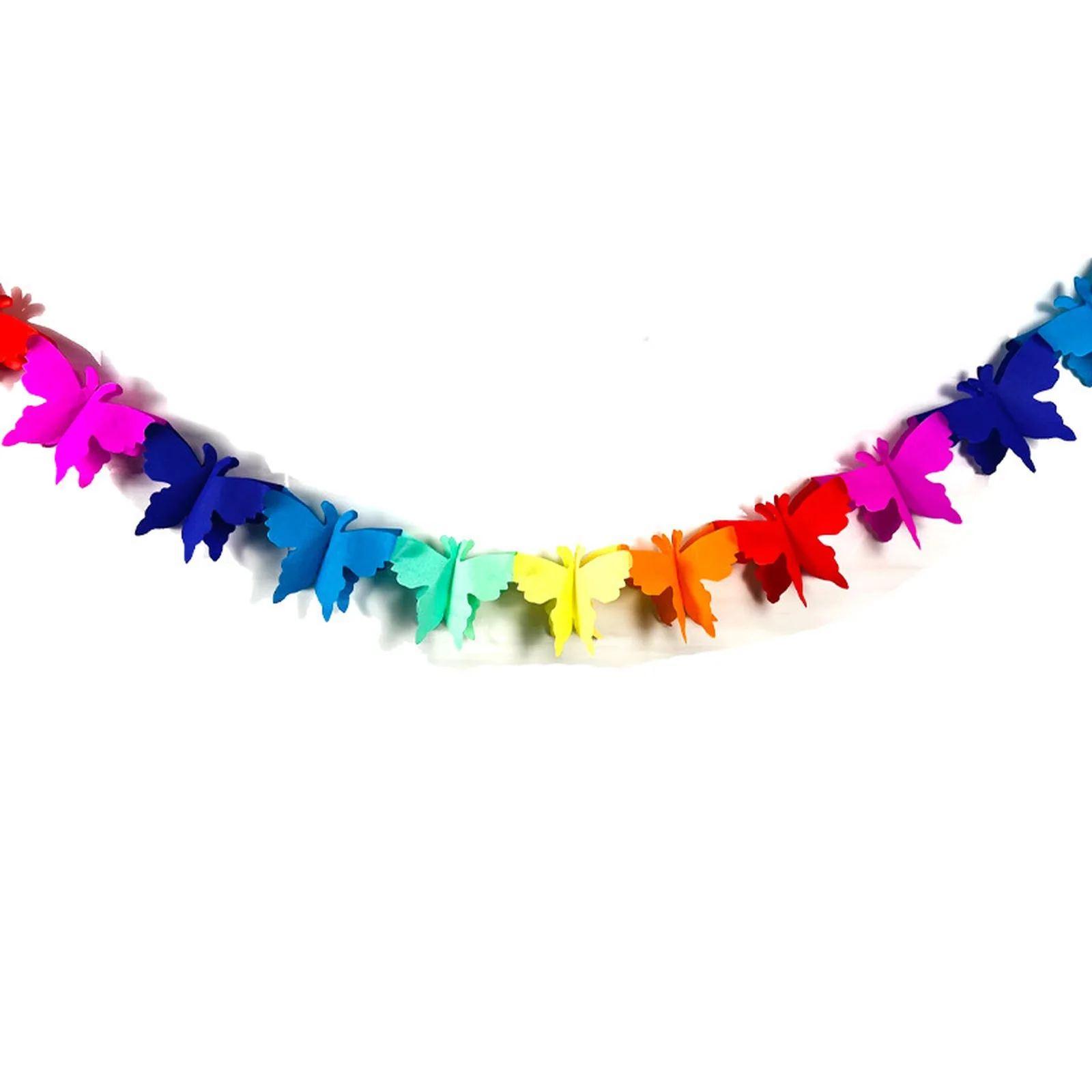 Rainbow paper butterfly garland opened out on a white background