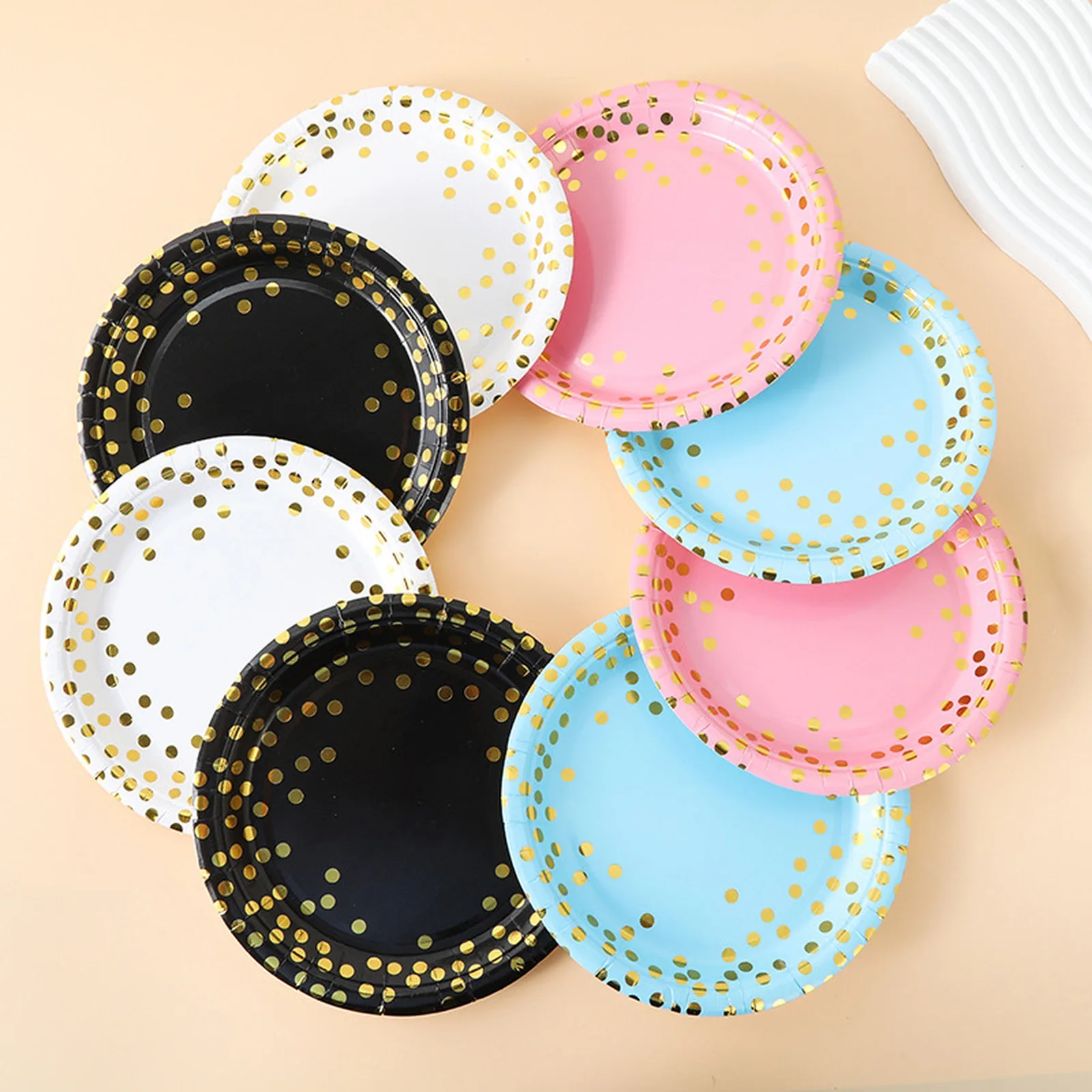 Gold foil polka dot paper plates in black, white, pink and light blue