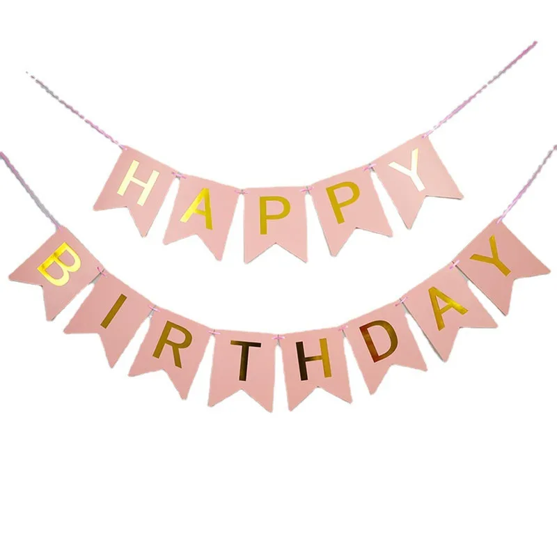 Pink Happy Birthday banner with gold foil letters