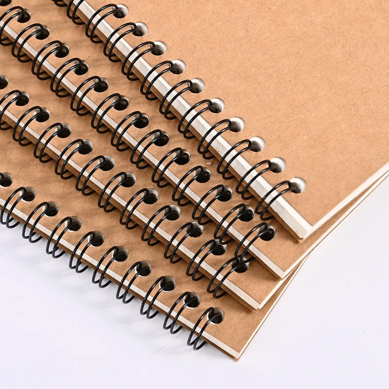Close-up of the black double-loop spiral on stacked kraft notebooks