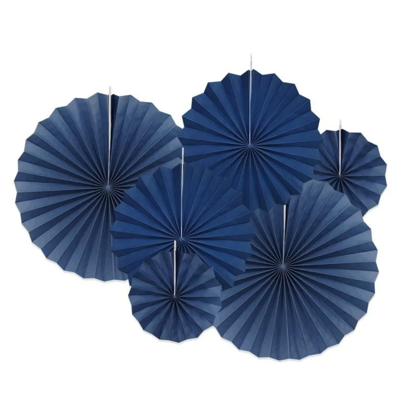 Six navy paper fans in assorted sizes