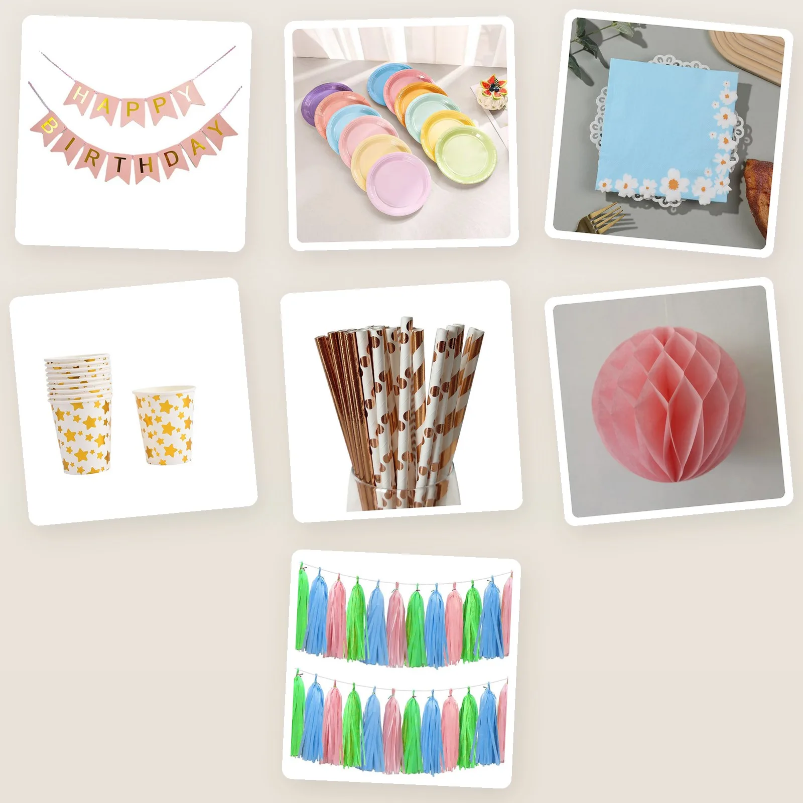 Pastel birthday kit pieces: pink banner, pastel plates, napkins, gold star cups, straws, honeycomb ball, tassels