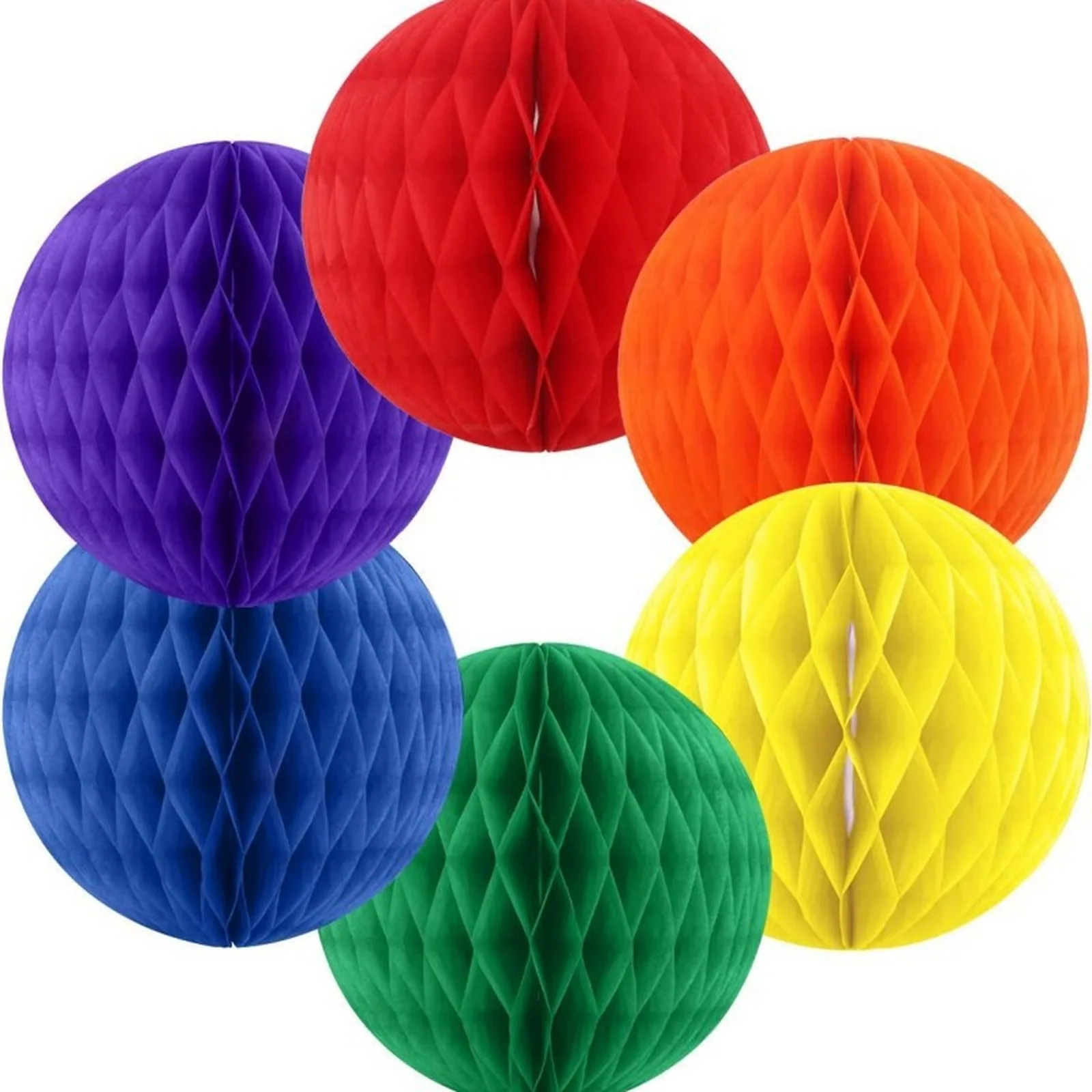 Honeycomb paper balls in purple, red, orange, blue, green and yellow