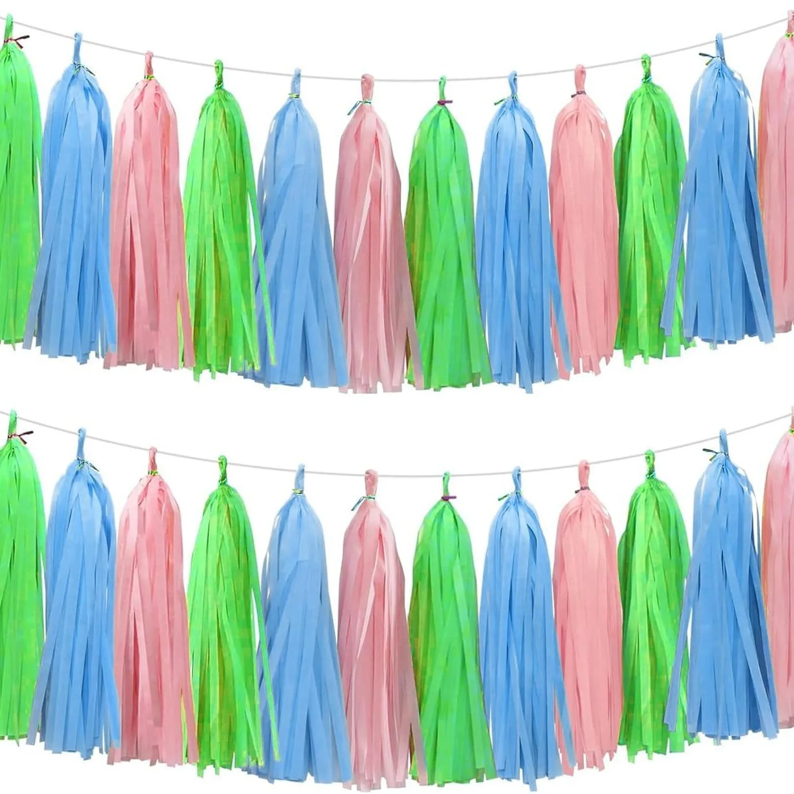 Two rows of tissue paper tassel garland in green, blue and pink