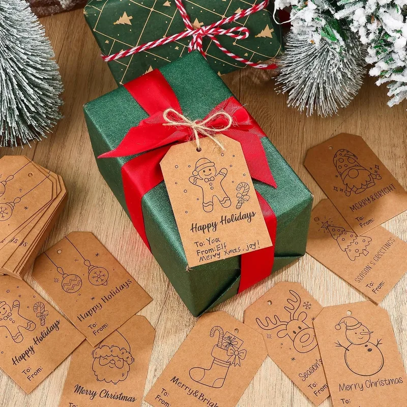 Kraft Christmas tag tied to a green gift with a red ribbon