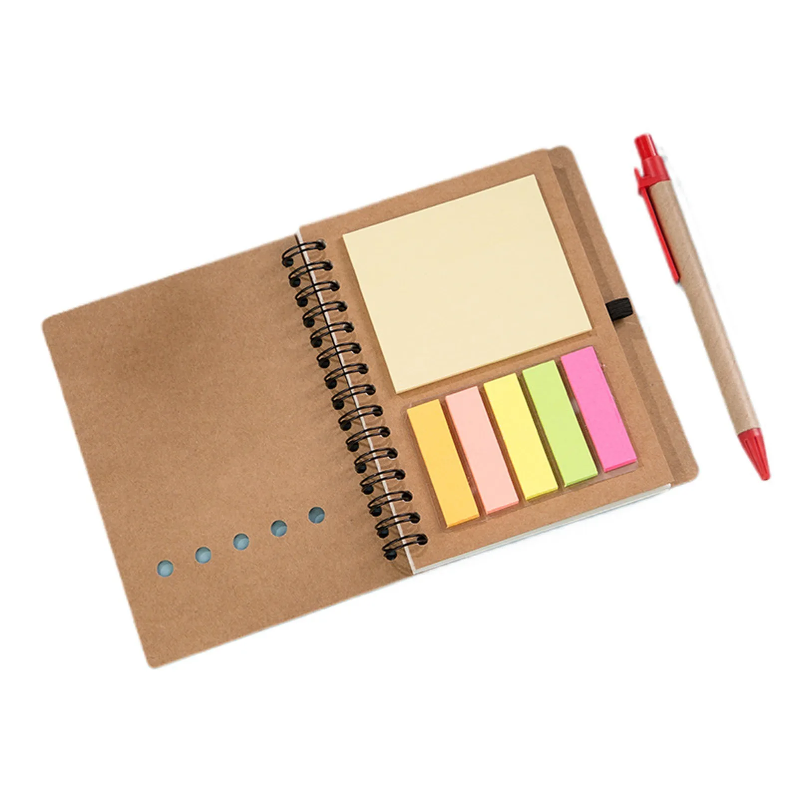 Kraft spiral notebook open to sticky notes and page flags, with a kraft pen