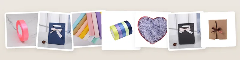 Valentine's Day picks: satin ribbon, small paper gift bags with bow, tissue paper sheets and crinkle-cut paper shred filler