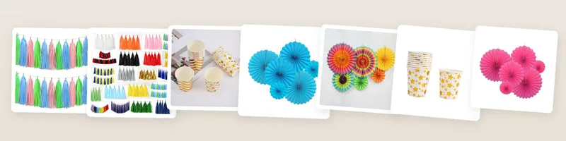 Graduation picks: tissue paper tassel garland kit, gold foil paper cups and hanging paper fan decorations