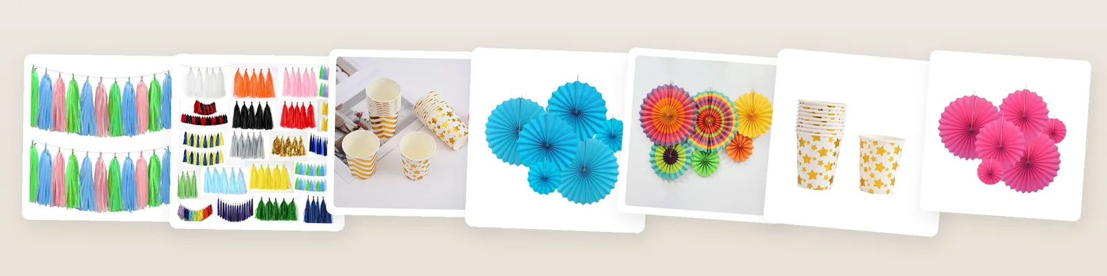 Graduation picks: tissue paper tassel garland kit, gold foil paper cups and hanging paper fan decorations