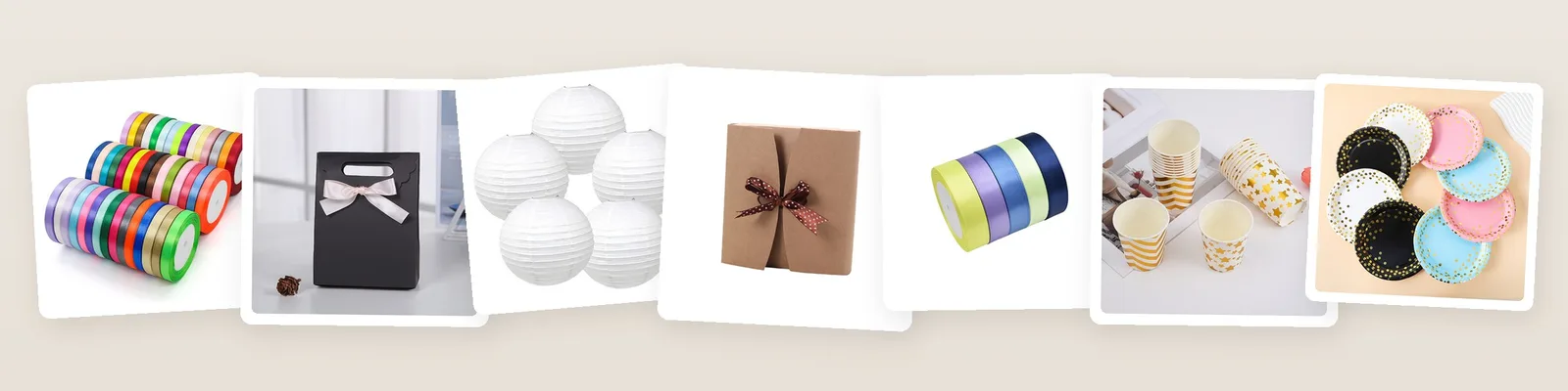 Wedding picks: satin ribbon, small paper gift bags with bow, white round paper lanterns and kraft gift boxes with ribbon bow