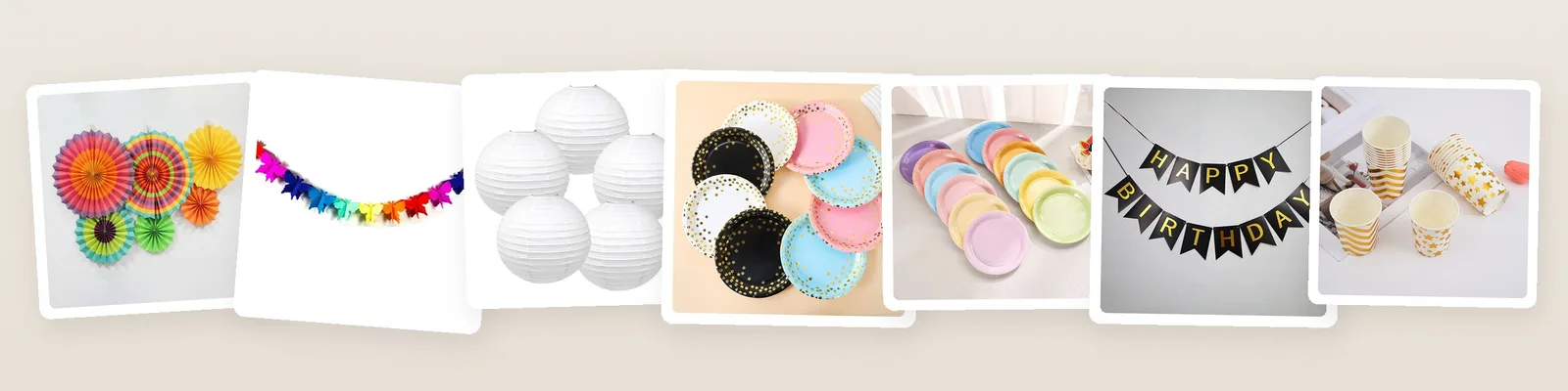 Birthday picks: hanging paper fan decorations, rainbow butterfly paper garland and white round paper lanterns