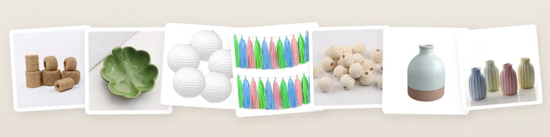 Boho picks: jute twine, celadon leaf ceramic trinket dish, white round paper lanterns and tissue paper tassel garland kit