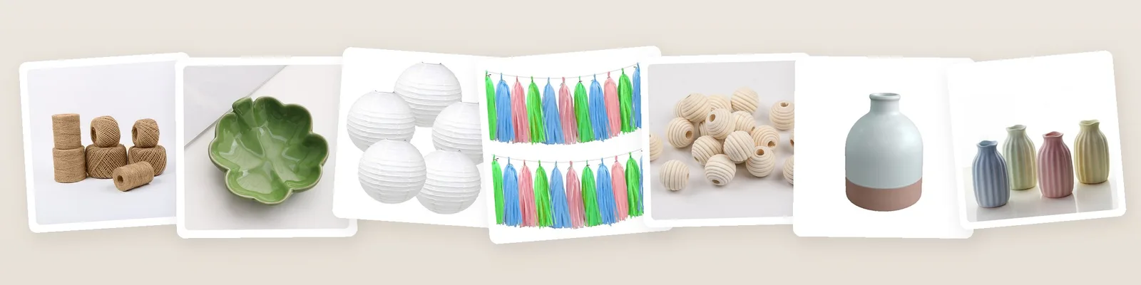 Boho picks: jute twine, celadon leaf ceramic trinket dish, white round paper lanterns and tissue paper tassel garland kit