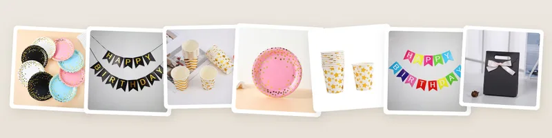 Gold & black picks: gold foil polka dot paper plates, gold foil happy birthday banner and gold foil paper cups