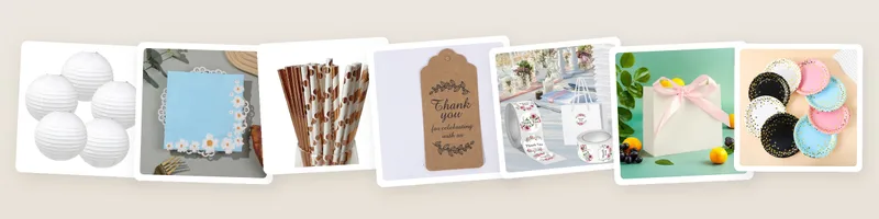 Bridal shower picks: white round paper lanterns, daisy border paper napkins and rose gold foil paper straws