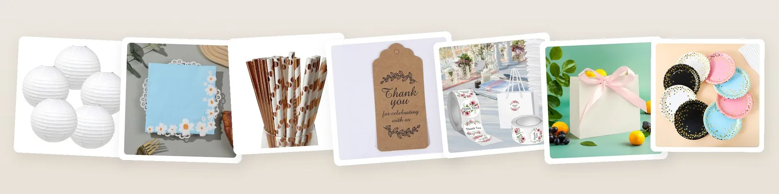 Bridal shower picks: white round paper lanterns, daisy border paper napkins and rose gold foil paper straws